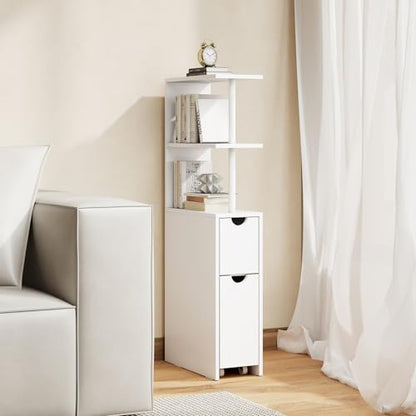 Giantex Slim Storage Cabinet, Narrow Freestanding Bathroom Organizer with Open Shelves, Pull-Out Drawer and Slide-Out Cart, Space-Saving Wooden Floor Cabinet for Entryway, Living Room and Kitchen