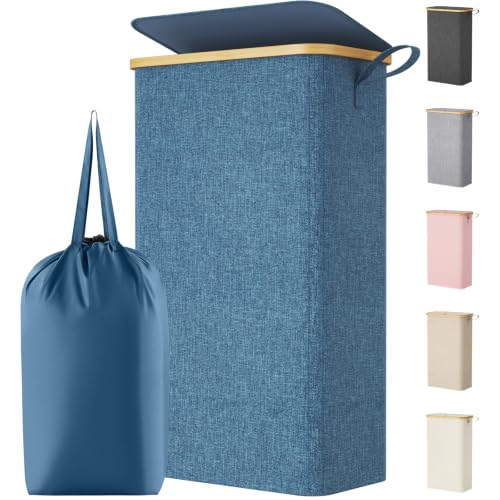 Lifewit 75L Slim Laundry Hamper with Lid, Narrow Laundry Basket with Removable Bag & Bamboo Handles, Fodable Thin Dirty Clothes Hamper for Laundry Collapsible Bin for Bathroom Bedroom Dorm, Dark Blue - color: Dark Blue, size: 75L