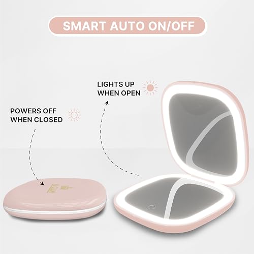 Lighted Compact Mirror, 1X /10X Magnification, 3.9" Portable Double Sided Light, Auto ON/Off, USB Charging, 3 Light Setting and Dimmable, Memory Touch Switch (Pink) - color: Pink
