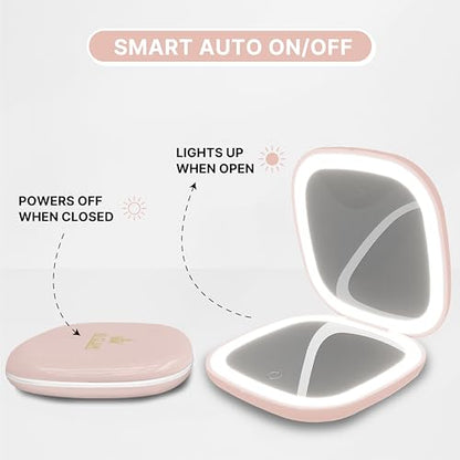 Lighted Compact Mirror, 1X /10X Magnification, 3.9" Portable Double Sided Light, Auto ON/Off, USB Charging, 3 Light Setting and Dimmable, Memory Touch Switch (Pink) - color: Pink