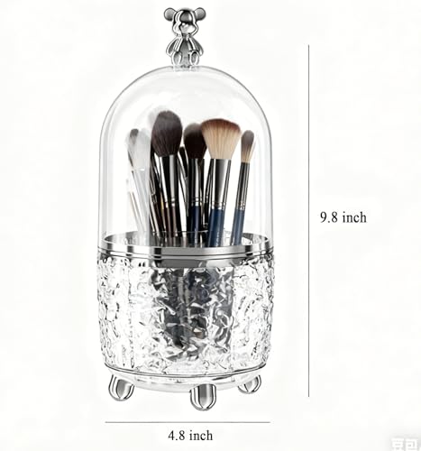 Dezzer Makeup Brush Holder with Lid, 360 Rotating Dustproof Make Up Organizers, 6 Slot Make up Brush Holder for Vanity Bathroom Countertop Office, Clear - size: 4.8x9.8 inch-Clear