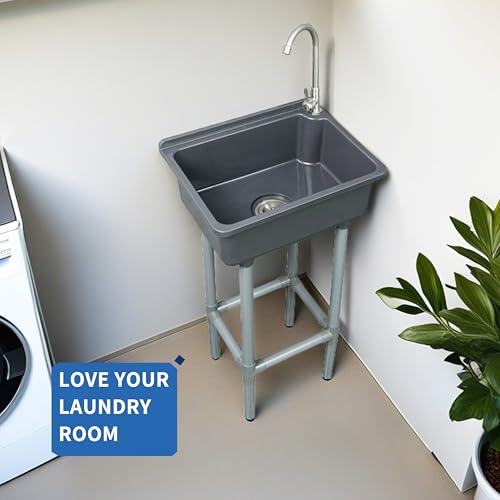 Freestanding Single Bowl Utility Sink, Kitchen Wall-Mounted Sink 16.9 x 12.8 Inch laundry tub With 1.26 faucet hole Plastic Sinks for Home Restaurant Dorm Garage Bathroom,Laundry slop sink (grey) - color: Gray