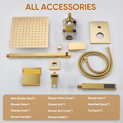 Gold Tub Shower System with 12" Rain Head, Handheld & Valve Kit | All-Metal Tub Shower Faucet Set, Wall Mounted Rain Showerhead, Handheld Spray, Includes Valve and Trim Kit, Brushed Gold - color: Brushed Gold 12
