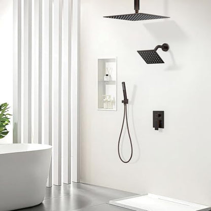 Rain Shower System 12" & 6" Dual Shower Heads Ceiling Shower Faucet Set | Ideal for bathroom remodels and upgrades with 12" rain shower, 6" angled shower, handheld spray and complete valve kit. - color: Oil Rubbed Bronze, size: Ceiling Mounted - 12"+6" Sh