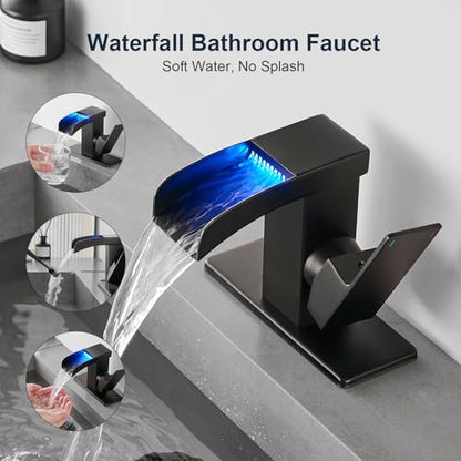 LED Waterfall Bathroom Faucet Bathroom Sink Faucet Vanity Faucets | Matte Black Single Hole 3 Colors Light Changing Single Handle Stainless Steel with cUPC Supply Lines