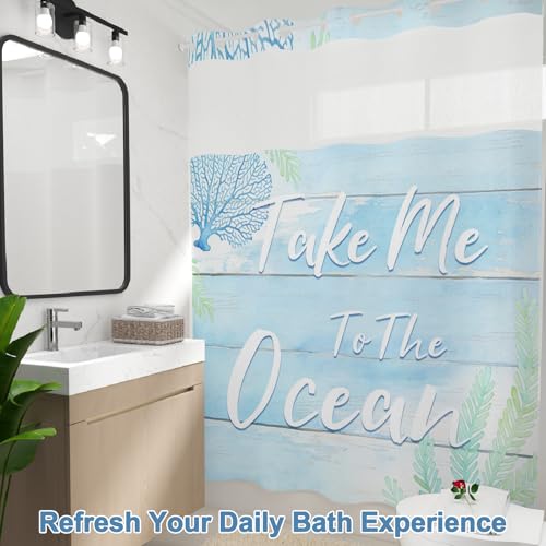 No Hook Shower Curtain and Liner Set with Detachable Liner, Ocean Blue Shower Curtain with Sheer Top Window and Weighted Hem, Waterproof Summer Shower Curtains for Bathroom, 71x74 Inches - color: Fresh Ocean