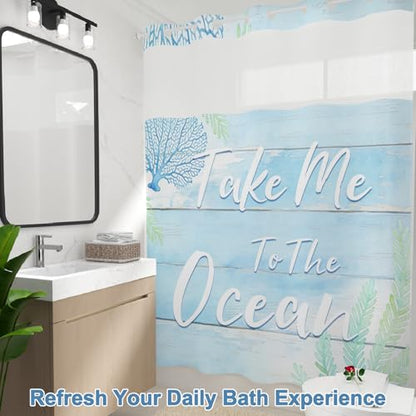 No Hook Shower Curtain and Liner Set with Detachable Liner, Ocean Blue Shower Curtain with Sheer Top Window and Weighted Hem, Waterproof Summer Shower Curtains for Bathroom, 71x74 Inches - color: Fresh Ocean
