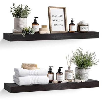 Solid Wood Floating Shelves, 36 Inch Wall Shelves, Set of 2, Black | 8 Inch Deep, 1.6 Inch Thick, Extra-Wide Display Space, Mounting Hardware Included, For Kitchen, Bathroom and Living Room - color: Black, size: 36x8x1.6