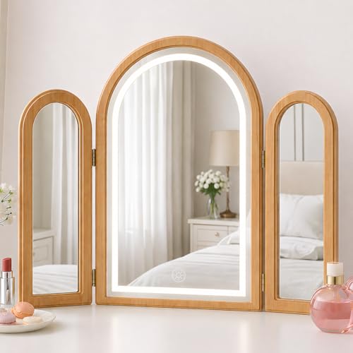 Trifold Vanity Mirror with Lights 30"Hx37"W, 3 Way Large Makeup Mirror for Tabletop or Wall Mount, Arched Decorative Cosmetic Mirror, Countertop Mirror, Smart Touch, 3 Colors Dimmable, Wood Frame - color: Natural Wood