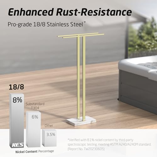 KES Brushed Gold Standing Towel Rack, 37" H, Heavy Marble Base, Bathroom | Brushed Finish, T-Bar Design, Hangs Large Towels, Anti-Slip Pads, Easy No-Drill Assembly - color: Gold, size: 37" H (Equal-height)