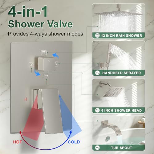 Rain Shower System with Rough-in Valve, Ceiling Mount Shower Faucet Set with 12"&6" Dual Rain Shower Heads, 2-in-1 Handheld Shower, Tub Spout, 4-Function Complete Shower Fixture,Brushed Nickel - color: Brushed Nickel, size: Ceiling Mount-12"+6" head with
