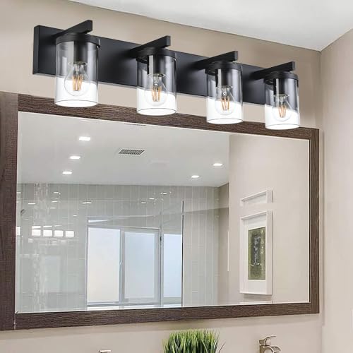 BONLICHT Modern Wall Bathroom Vanity Light Fixture 4 Light Black Metal with Clear Glass Shade,Industrial Vintage Farmhouse Wall Mount Lighting Sconce Bath Lighting Over Mirror for Kitchen Hallway - color: Black, size: 4 Lights Wall