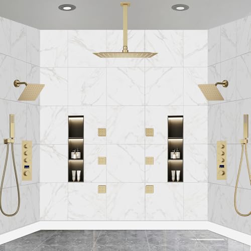 Dual Shower Mixer 6 Way Full Body Shower Head System Rain 12+8+8 Inch With Wall Mount 6 Pcs Jets 2 Handheld Shower Diverter Valve Digital Display Fauct Set,Brushed gold - color: Brushed gold