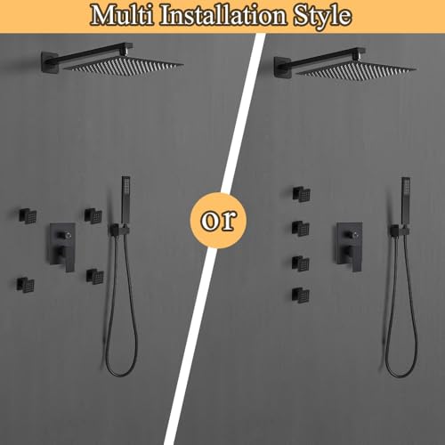 Matte Black Shower Faucet Set with Body Jets 10 Inch Matte Black Shower Head Handheld Shower Combo Set High Pressure Wall Mount with Rough-in Valve - color: Matte Black, style: 10"- 3 Function