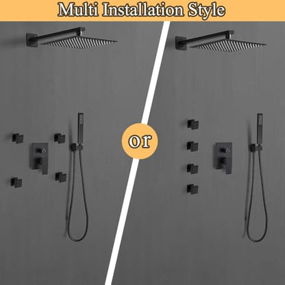 Matte Black Shower Faucet Set with Body Jets 10 Inch Matte Black Shower Head Handheld Shower Combo Set High Pressure Wall Mount with Rough-in Valve - color: Matte Black, style: 10"- 3 Function