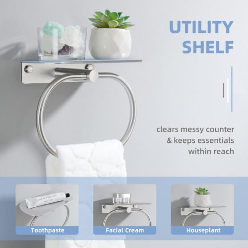 Suyar Bathroom Towel Ring with Shelf, Oval Hand Towel Holder Brushed Nickel | SUS304 Stainless Steel, 2-in-1 Space-Saving Design, Versatile Top Shelf for Small Plants Toiletries Soap Phones, Wall Mounted - color: Brushed Nickel
