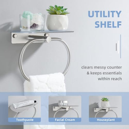 Suyar Bathroom Towel Ring with Shelf, Oval Hand Towel Holder Brushed Nickel | SUS304 Stainless Steel, 2-in-1 Space-Saving Design, Versatile Top Shelf for Small Plants Toiletries Soap Phones, Wall Mounted - color: Brushed Nickel