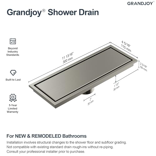 12-Inch Linear Shower Drain, Brushed Nickel SUS304 Stainless Steel with 2-in-1 Tile Insert Cover & Flat Grate, High Flow Floor Drainer with Hair Strainer, Adjustable Feet - color: Brushed Nickel, size: 12
