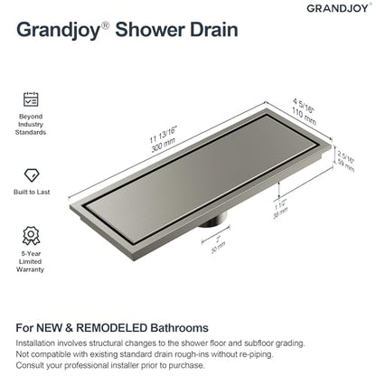 12-Inch Linear Shower Drain, Brushed Nickel SUS304 Stainless Steel with 2-in-1 Tile Insert Cover & Flat Grate, High Flow Floor Drainer with Hair Strainer, Adjustable Feet - color: Brushed Nickel, size: 12