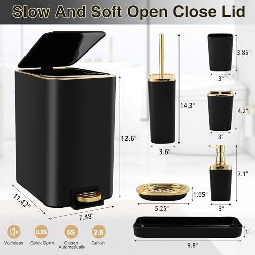 XLHOMO Black Bathroom Accessories 8 Piece Black and Gold Bathroom Set, Bathroom Accessories with Stainless Steel Bathroom Trash Can,Toilet Brush,Toothbrush Set,Soap Dispenser - size: Black, style: Bath Set