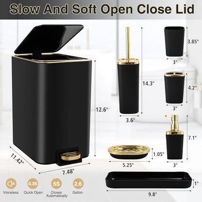 XLHOMO Black Bathroom Accessories 8 Piece Black and Gold Bathroom Set, Bathroom Accessories with Stainless Steel Bathroom Trash Can,Toilet Brush,Toothbrush Set,Soap Dispenser - size: Black, style: Bath Set