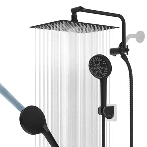 12" Metal Rainfall Shower Head with 10-Mode Handheld, Matteblack | NSF/ANSI/CAN 372 Certified, High Pressure Showerhead Combo with 11" Adjustable Shower Arm, 71" Hose, Shower Head Holder - color: Matte Black, style: Square 12"