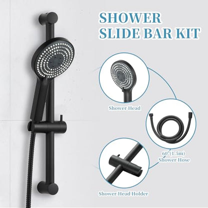 OFFO Shower Slide Bar Combo, Adjustable 21 in Slide Bar with 6-Mode High Pressure Handheld Shower Head and 60 in Stainless Steel Hose, Screw Wall Mounted, Matte Black - color: Matte Black, style: 21" Slide Bar & 60" Hose