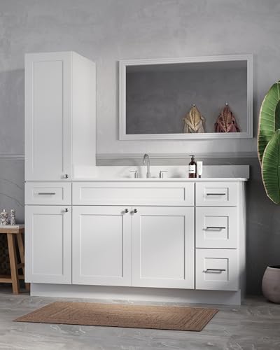 63" Bathroom Vanity with Linen Storage Tower and 4 Drawers, Carrara Quartz Top and Ceramic Sink, Left or Right Tower Option, Solid Wood Frame, 64" x 22" x 72" (White, Left Tall Cabinet) - color: White