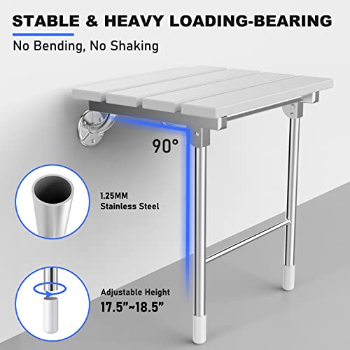 Folding Shower Seat, Wall Mounted Bathroom Safety Stool Chair with Support Legs, Foldable Wall Wood Shower Bench for Seniors (White)