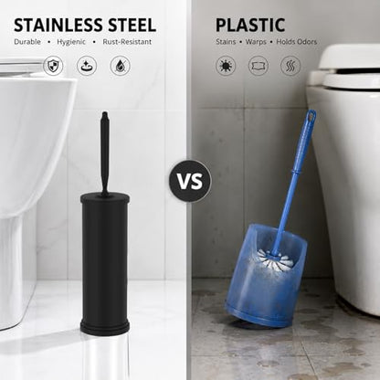 Stainless Steel Toilet Bowl Brush and Holder Set Scrubber Black | Weighted Stable Base Removable Inner Tube Toilet Bowl Brush Splash-Proof Design for Deep Cleaning Space Saving Storage - color: Black