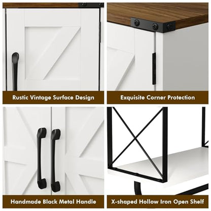 RUSTOWN Farmhouse Medicine Cabinet with 2 Barn Door, Bathroom Wall Cabinet | Dark Brown Top, Adjustable Shelf, Towel Bar, 3-Tier Rustic Wood Wall Mounted Cabinet for Bathroom, Living Room, Kitchen - color: White and Walnut