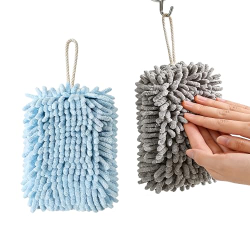 Microfiber Chenille Hand Towel, Soft Hanging Absorbent Quick Dry Towels 2Pcs Kitchen, Bathroom Hand Drying Cleaning with Creative Decoration Towel Set. (Grey+Blue)