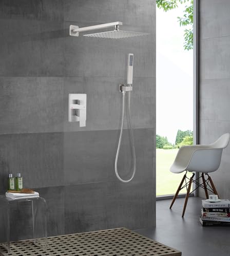 Brushed Nickel Shower System 10 Inch Bathroom Luxury Rain Mixer Shower Combo Set Wall Mounted Rainfall Shower Head and Handheld System Shower Faucet Rough-in Valve Body and Trim Kit - color: Brushed Nickel, size: 10 Inch