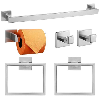 TQKAG 6-Piece Towel Bar Set, 23.6 Inch Bathroom Hardware Set Brushed Nickel | Stainless Steel, Wall Mounted, Nickel Bathroom Accessories Include Toilet Paper Holder Wall, Towel Bar, Towel Ring, Coat Hook - color: Brushed Nickel, size: 6-Pieces Set-A