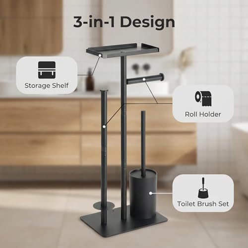 Stainless Steel Floor Standing Toilet Roll Paper Holder,Bathroom Toilet Brush and Paper Holder with Shelf and Wipe Holder (Toilet Paper Holder with Shelf)