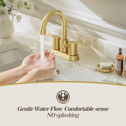 Phiestina Brushed Gold 4 Inch 2 Handle Centerset Lead-Free Bathroom Faucet 2 Pack, Swivel Spout with Copper Pop Up Drain and 2 Water Supply Lines,BF15-1-BG-2PACK - color: Brushed Gold-2pack
