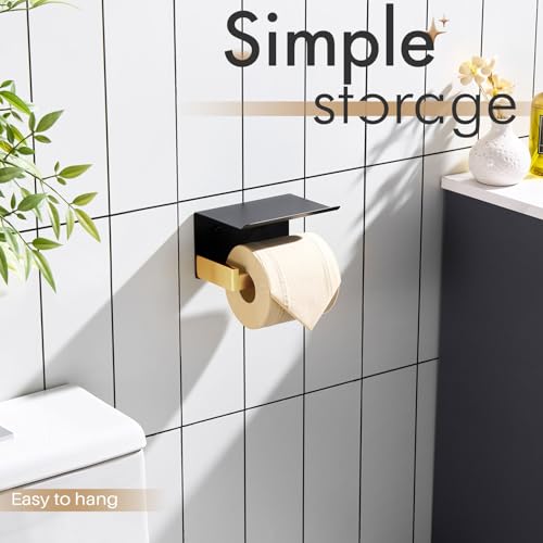 KOKOSIRI Toilet Paper Holders with Shelf Bathroom Toilet Paper Roll Holder Wall Mounted T-304 Stainless Steel, Matte Black and Gold B2010GDK - color: Black Gold, size: With Shelf(1 Pack)