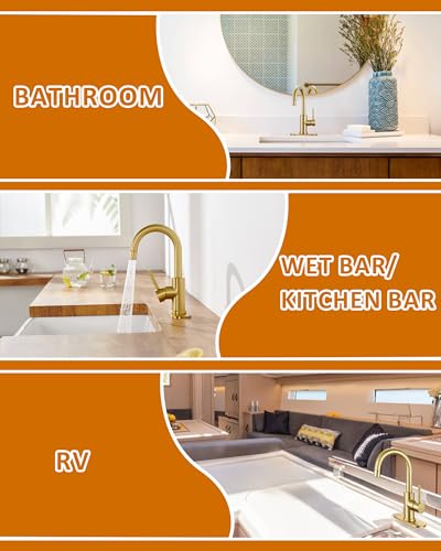 Tohlar Brushed Gold Bathroom Faucet with 2 Mode Sprayer | Bar Sink Faucet with Deck Plate for 1 or 3 Holes, 360° Swivel, with Pop Up Drain, for Vanity RV Laundry - color: Brushed Gold with Deck Plate