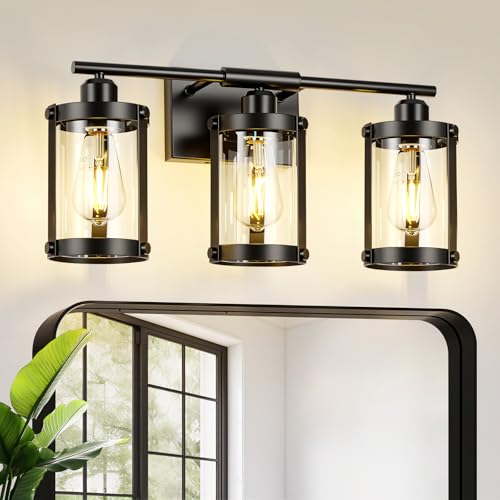 3-Light Black Bathroom Light Fixtures, 21 Inch Modern Bathroom Vanity Lighting Fixtures Over Mirror with Clear Glass and Metal Cage Wall Sconce Lights for Bath, E26, OS-3014BK-3W - color: Black + Clear Glass, size: 3-Light, 21" L