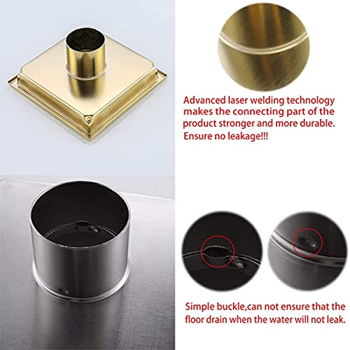 RANDOM Brushed Gold Shower Drain Square 6 Inch Shower Floor Drain with Grid Grate & Removable Hair Strainer 304 Stainless Steel Shower Drain Cover Bathroom Accessories.98738BG - color: C-brushed Gold-6″ Square