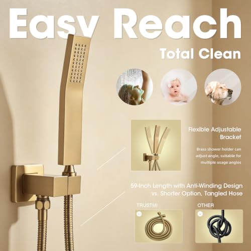 TRUSTMI 10" Shower System with Thermostatic Valve, Rainfall, Brushed Gold | Solid brass system with push-button diverter for waterfall and handheld spray. Anti-scald safety lock protects the family - color: Brushed Gold
