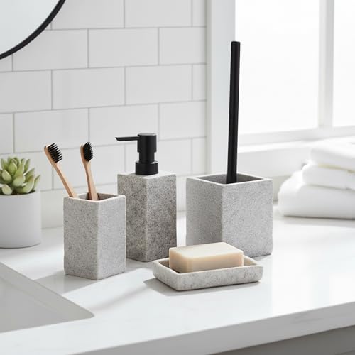 Collection Stone Effect Bath Accessory Set-4 Pieces, Resin, Gray | Soap Dispenser, Tumbler, and Toilet Brush Holder, Contemporary, Durable Construction, Bathroom Accessories Set, Easy to Clean - size: Gray