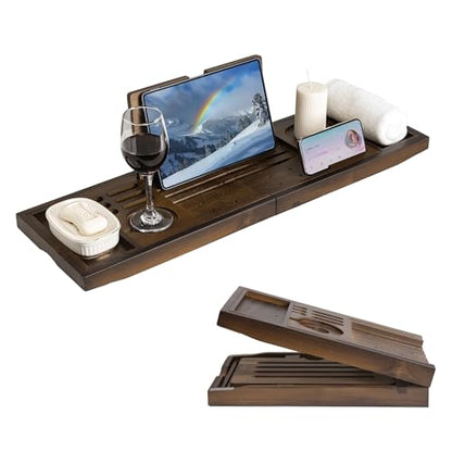 Wood Bathtub Tray Table - Foldable Bath Tray for Tub with Expandable Handles, Wine Glass & Phone Holder, Book Stand - Enhance Home Spa Experience with Natural TeakMaterial, Walnut - color: Walnut