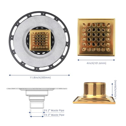 4-Inch Square Shower Drain Kit with Bonding Flange, Polished Gold | Removable 304 stainless steel grate with hair strainer; fits 2- and 3-inch pipes for tiled shower floors and wet areas - size: 4in-Gold