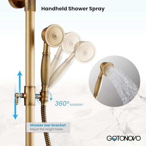gotonovo Exposed Shower System with Shelf 2 Cross Handle Antique Brass | Bathroom Brass Shower Faucet Set,8’’ Rainfall Head with Handheld Sprayer,SUS304 Shelf,6’’ Hole Distance,Adjustable Height - color: Antique Gold