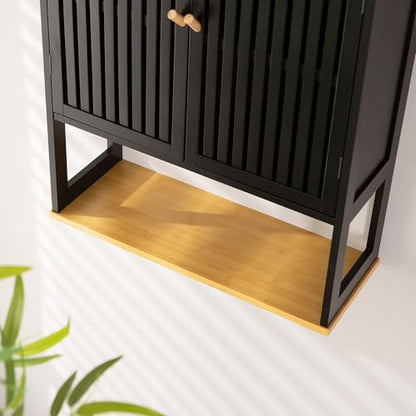 Bathroom Wall Cabinet with Bamboo Doors, 24 x 30 Inch, Black | Above-toilet medicine cabinet with an adjustable shelf, open bottom shelf, and French cleat mount. - color: Black-1, size: 24x30