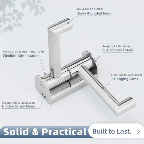 Aomasi Polished Chrome Swivel Towel Hooks 2 Pack, 304 Stainless Steel Wall Mounted Foldable Double Coat Hooks, Max 11lbs Heavy Duty Bathroom Hand Towel Holders - color: Polished Chrome, size: 2 Pack