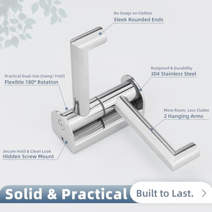 Aomasi Polished Chrome Swivel Towel Hooks 2 Pack, 304 Stainless Steel Wall Mounted Foldable Double Coat Hooks, Max 11lbs Heavy Duty Bathroom Hand Towel Holders - color: Polished Chrome, size: 2 Pack