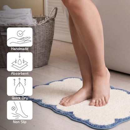 Light Blue Scalloped Bathroom Rugs Small Bath Mat | Coastal Non Slip Washable Quick Dry Absorbent Boho Microfiber Small Bathmat,17*24 Inch - color: Blue&white, size: 17*24"