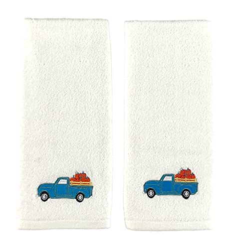 Serafina Home Harvest Farmhouse Fall Hand Guest Towel for Bathroom: Embroidered Plush Ivory Vintage Truck Carrying Pumpkins Design, 2 Piece Set, 100% Cotton, 16" x 25" Inches - color: Blue Truck